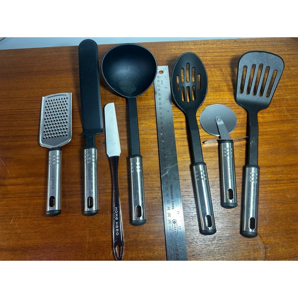 HOME PRO 7 Pc Black Nylon Kitchen Utensil Set Spatula Pizza Ladle Grater Etc